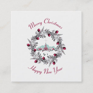 Vintage Winterkirchenszene mit Weihnachtskranz Quadratische Visitenkarte