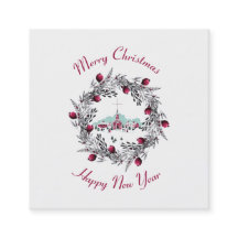 Vintage Winterkirchenszene mit Weihnachtskranz