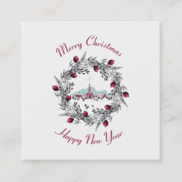 Vintage Winterkirchenszene mit Weihnachtskranz Quadratische Visitenkarte