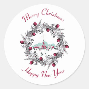 Vintage Winterkirchenszene mit Weihnachtskranz Runder Aufkleber