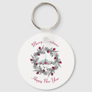 Vintage Winterkirchenszene mit Weihnachtskranz Schlüsselanhänger