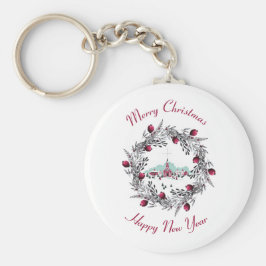 Vintage Winterkirchenszene mit Weihnachtskranz Schlüsselanhänger