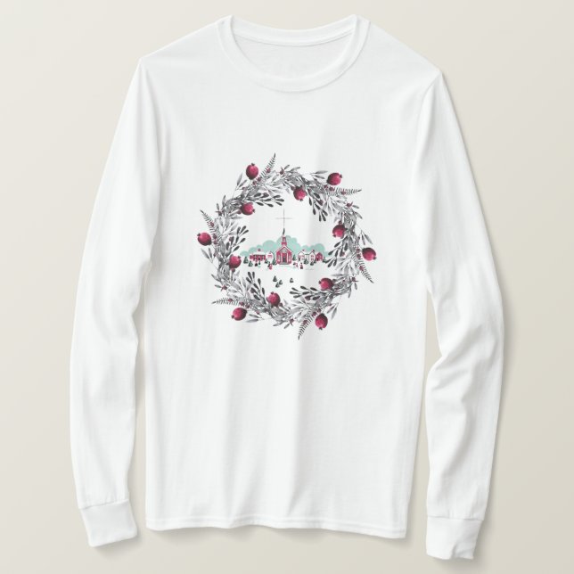 Vintage Winterkirchenszene mit Weihnachtskranz T-Shirt (Design vorne)