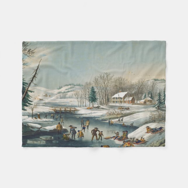 Vintage Winterlandschaft Ice Skaten Weihnachten Fleecedecke (Vorderseite (Horizontal))