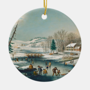 Vintage Winterlandschaft Ice Skaten Weihnachten Keramik Ornament