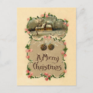 Vintage Winterlandschaft mit Blumenrahmen Postkarte