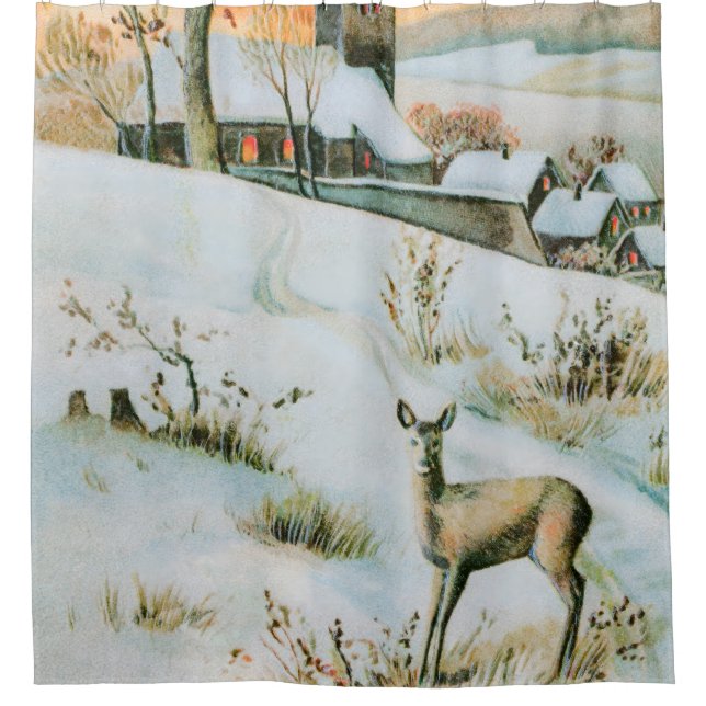 Vintage Winterlandschaft mit Reh Duschvorhang (Vorderseite)