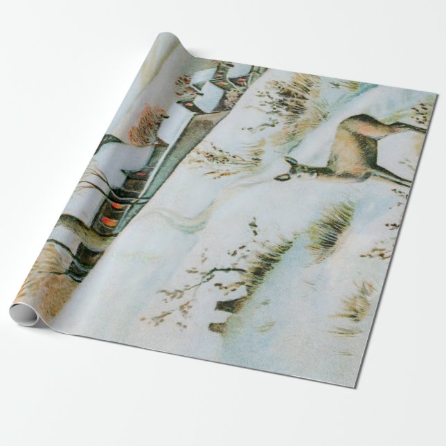 Vintage Winterlandschaft mit Reh Geschenkpapier (Ungerollt)