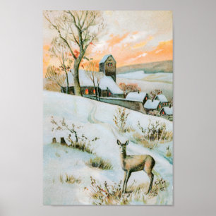 Vintage Winterlandschaft mit Reh Poster
