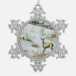 Vintage Winterlandschaft mit Reh Schneeflocken Zinn-Ornament