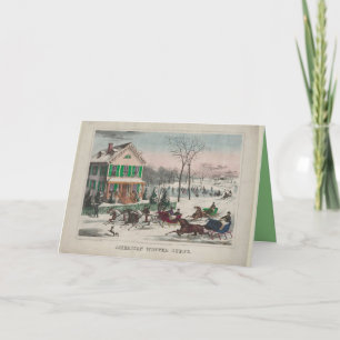 Vintage Winterlandschaft, Pferde, Schlitten gefalt Karte
