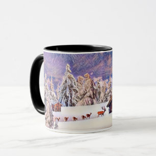 Vintage Winterlandschaft Rentier Blockhüttenmalere Tasse