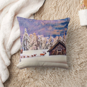 Vintage Winterlandschaft Rentierbaumkunst Kissen