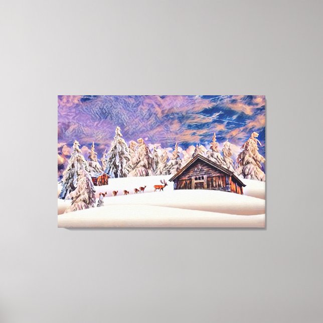 Vintage Winterlandschaft Rentierbaumkunst Leinwanddruck (Vorderseite)