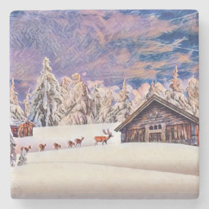 Vintage Winterlandschaft Rentierbaumkunst Steinuntersetzer