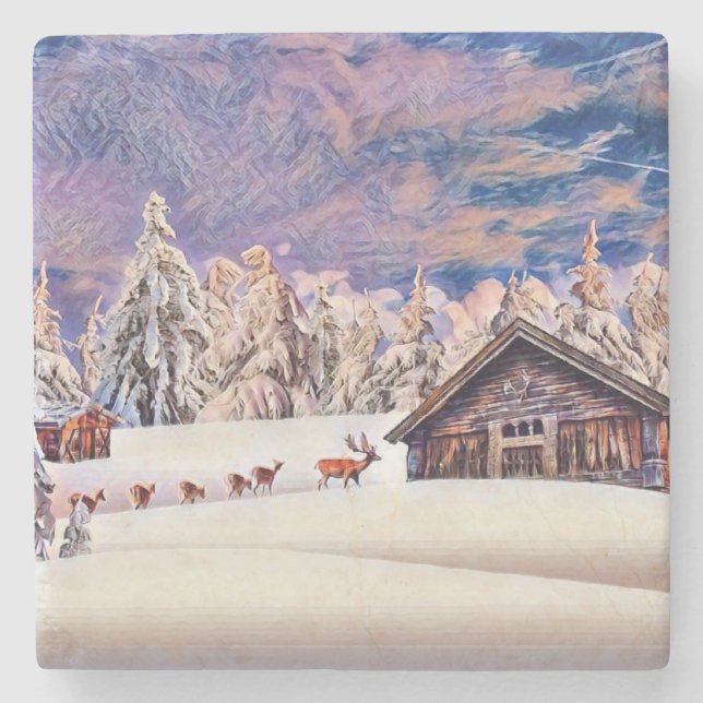 Vintage Winterlandschaft Rentierbaumkunst Steinuntersetzer (Vorderseite)