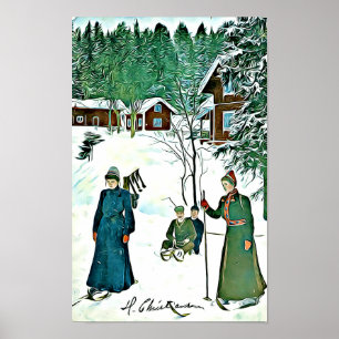 Vintage Winterlandschaft, schneesicheres Dorfposte Poster