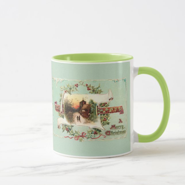 Vintage Winterlandschaft und Weihnachtsgrüße Tasse (Rechts)