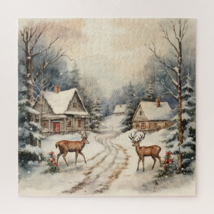 Vintage winterliche Weihnachtslandschaft mit Hirsc Puzzle