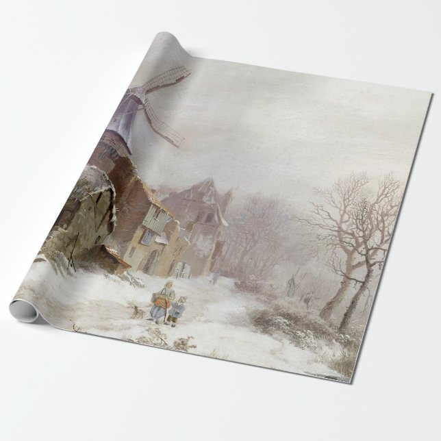 Vintage Wintermühle-Schneelandschaft Geschenkpapier (Ungerollt)