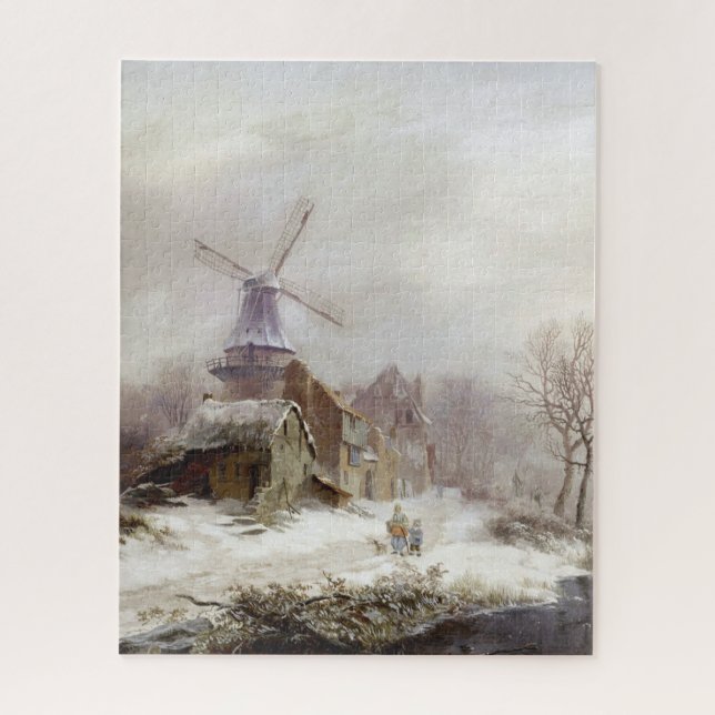 Vintage Wintermühle-Schneelandschaft Puzzle (Vertikal)