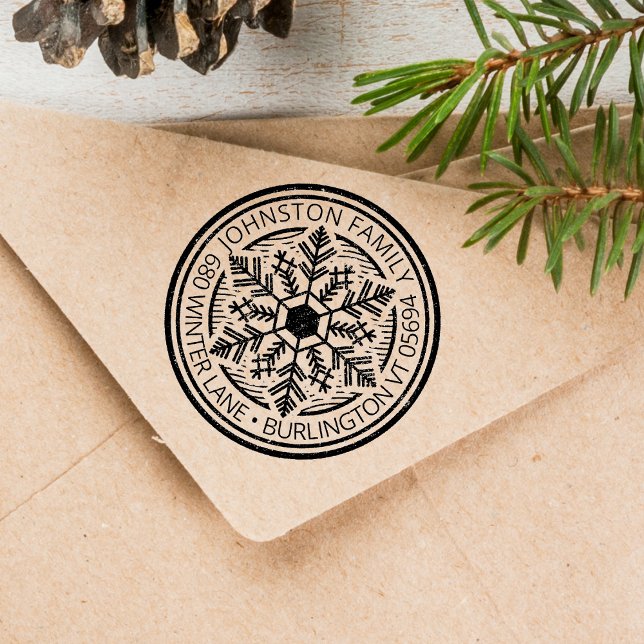 Vintage Winterschneeflockenzirkadresse Permastempel (Vintage Winter Snowflake Circle Address Self-inking Stamp)