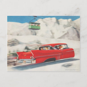 Vintage Wintersport, Auto und Seilbahn Postkarte