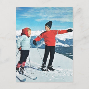 Vintage Wintersportarten, Kinder auf den Pisten Postkarte