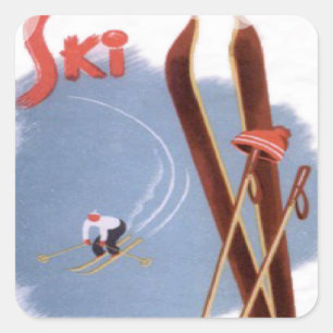Vintage Wintersportarten - Skiausrüstung Quadratischer Aufkleber