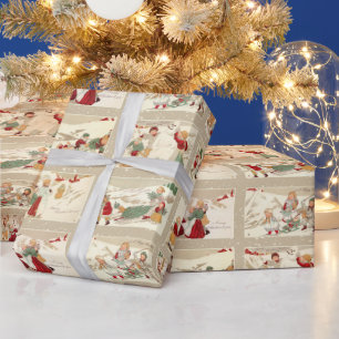 Vintage Winterszenen mit fröhlichen Kindern Geschenkpapier
