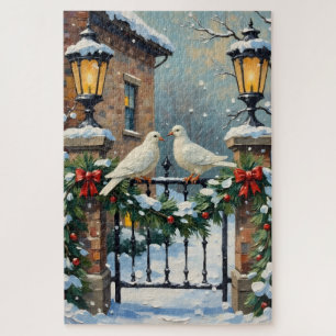 Vintage Wintertauben am Laternenbeleuchteten Tor W Puzzle