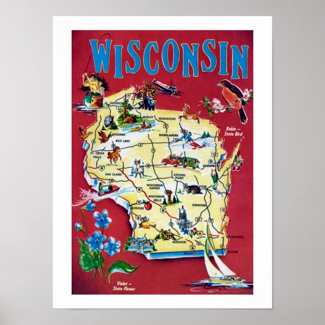 Vintage Wisconsin-Karte Poster (Vorne)