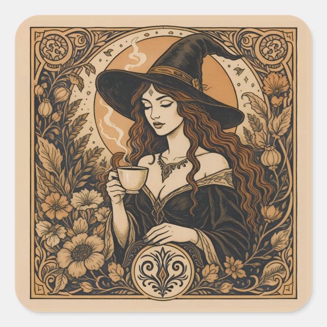 Vintage Witch Tea Time Quadratischer Aufkleber (Vorderseite)