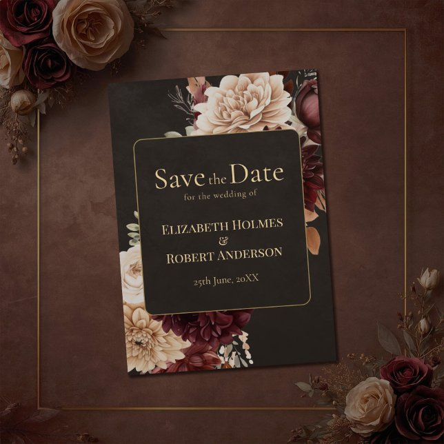 Vintage Witchy Floral Save the Date Einladung (Vintage Witchy Floral Save the Date Invitation on a brown vintage wedding table with flowers.)