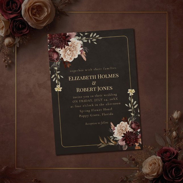Vintage Witchy Floral Wedding Invitation Einladung (Vintage Witchy Floral Wedding Invitation on a brown vintage wedding table with flowers.)
