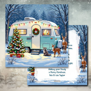 Vintage-Wohnmobil-Weihnachten und Waldtiere Feiertagskarte
