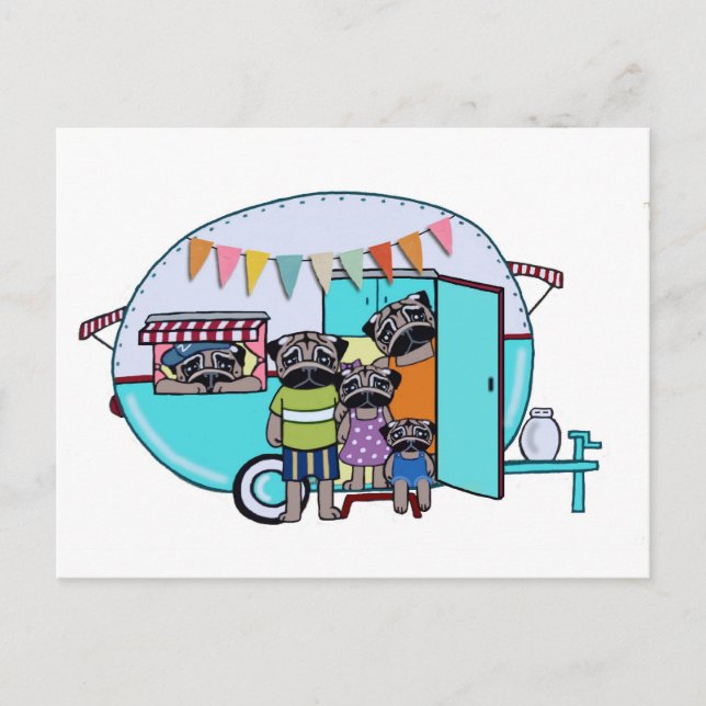 Vintage-Wohnwagen-Möpse Postkarte (Vorderseite)