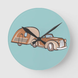 Vintage-Wohnwagen und Auto Runde Wanduhr