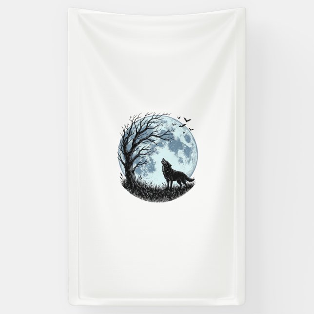 Vintage-Wolf-Heulender-Mond-Baum-Silhouette-Design Banner (Vertikal)