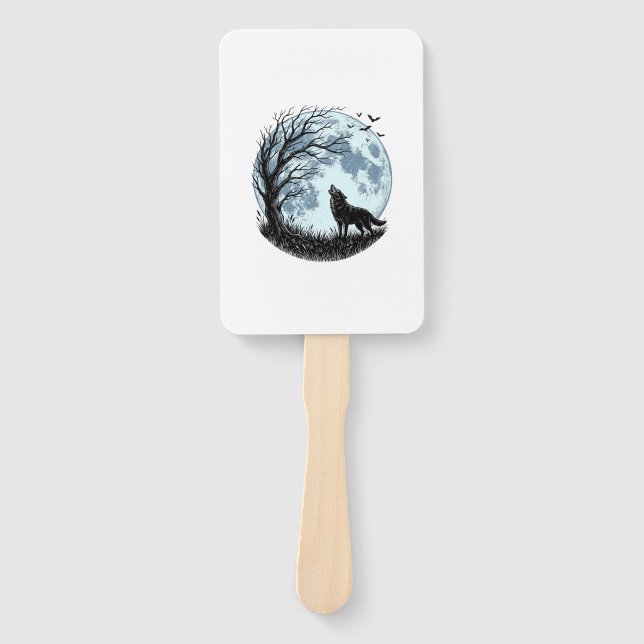 Vintage-Wolf-Heulender-Mond-Baum-Silhouette-Design Fächer (Vorderseite)