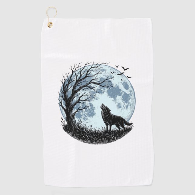 Vintage-Wolf-Heulender-Mond-Baum-Silhouette-Design Golfhandtuch (Vorderseite)