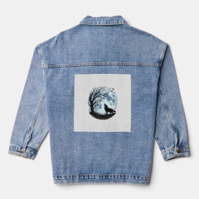 Vintage-Wolf-Heulender-Mond-Baum-Silhouette-Design Jeansjacke (Rückseite)