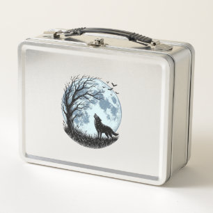 Vintage-Wolf-Heulender-Mond-Baum-Silhouette-Design Metall Brotdose