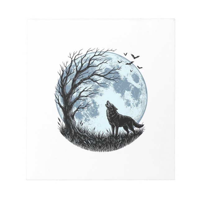 Vintage-Wolf-Heulender-Mond-Baum-Silhouette-Design Notizblock (Vorderseite)