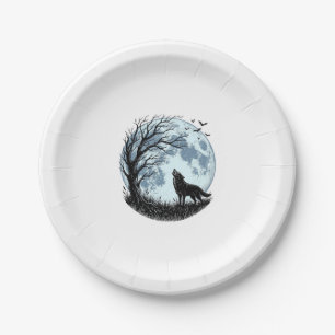 Vintage-Wolf-Heulender-Mond-Baum-Silhouette-Design Pappteller