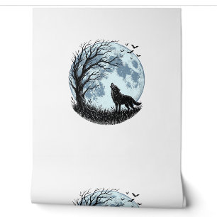 Vintage-Wolf-Heulender-Mond-Baum-Silhouette-Design Tapete