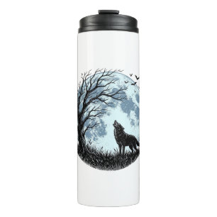 Vintage-Wolf-Heulender-Mond-Baum-Silhouette-Design Thermosbecher
