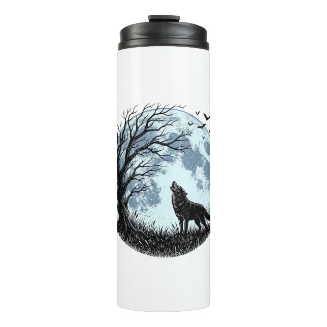 Vintage-Wolf-Heulender-Mond-Baum-Silhouette-Design Thermosbecher (Vorderseite)