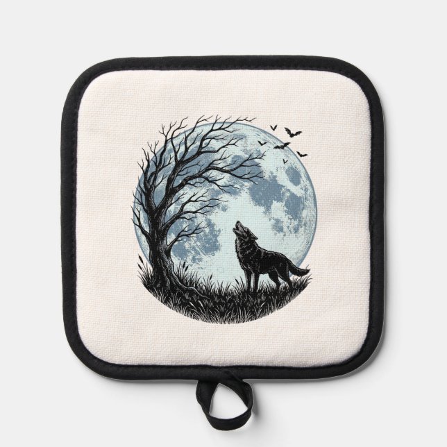 Vintage-Wolf-Heulender-Mond-Baum-Silhouette-Design Topflappen (Vorderseite)