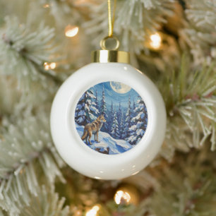 Vintage Wolf im mondbeschienenen Winterwald Weihna Keramik Kugel-Ornament